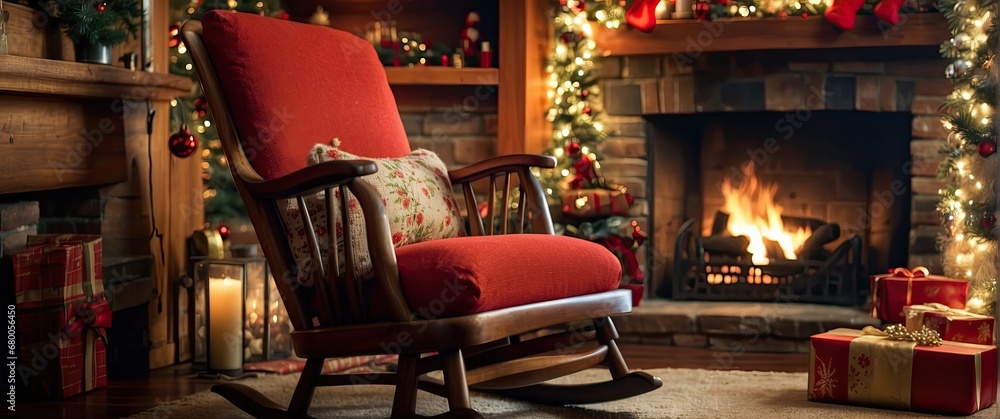 christmas themed living room, rocking chair and stockings on by the fireplace,  christmas tree and christmas presents, in the style of captivating lighting