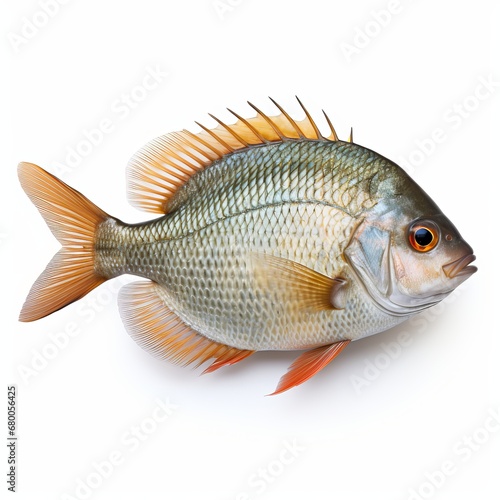 Sunfish Splendor Bluegill s Shimmering Scales Against a Crisp White Background  generative ai