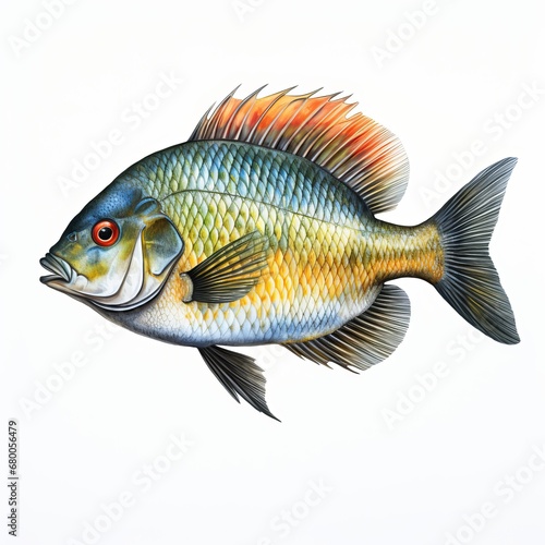 Sunfish Splendor Bluegill's Shimmering Scales Against a Crisp White Background, generative ai photo