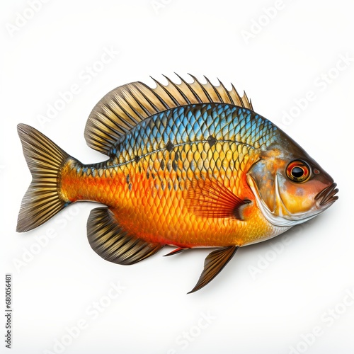 Sunfish Splendor Bluegill's Shimmering Scales Against a Crisp White Background, generative ai