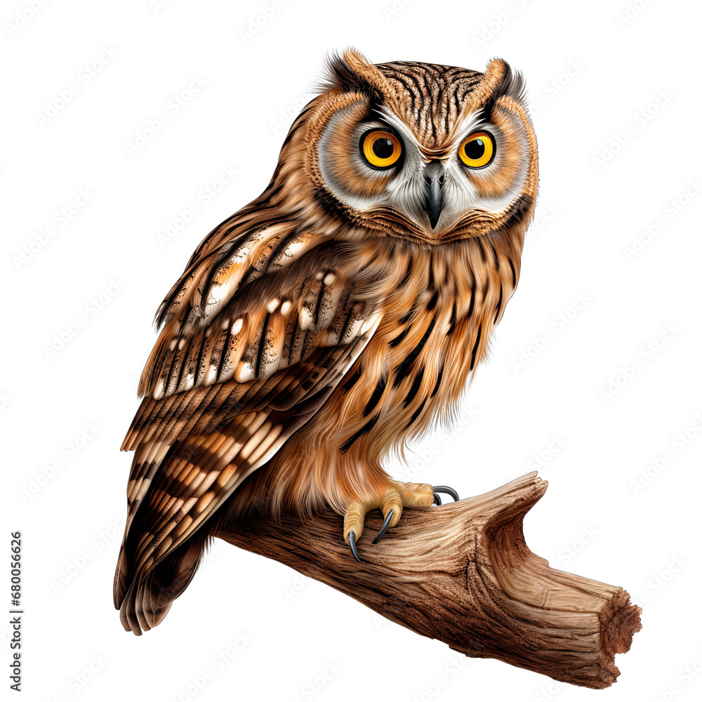 Naklejka premium Owl Perched on Wooden Branch Isolated on Transparent or White Background, PNG