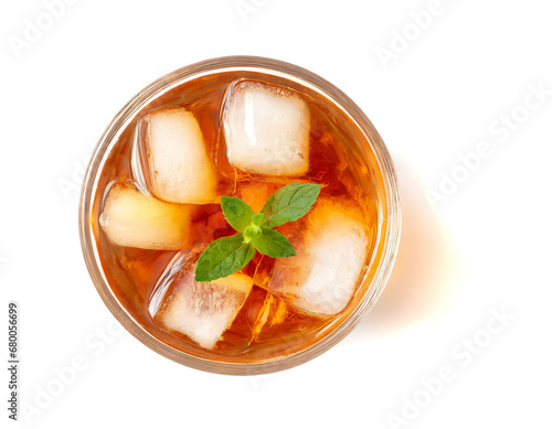 Ice tea isolated on white background, cutout ,top view