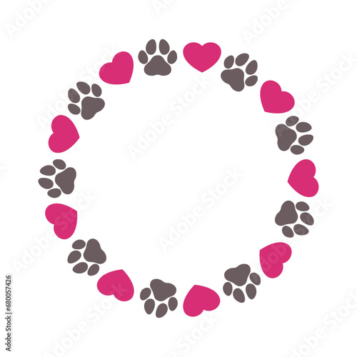 Logo pet friendly. Silueta de marco circular con corazones y zarpas de perro o gato para su uso en tarjetas y felicitaciones