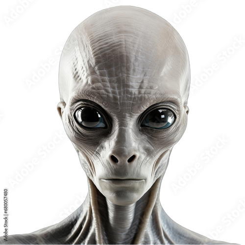 Gray Alien Face in Close-up Isolated on Transparent or White Background, PNG
