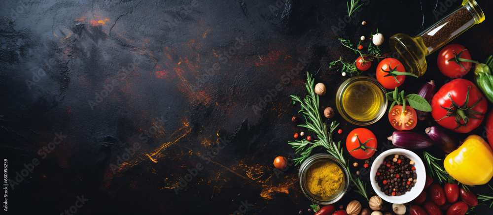 Vegetables, olive oil and spices for cooking on dark vintage background. Healthy food. Vegetarian eating. Top view. Dark rustic background layout with free text space. - obrazy, fototapety, plakaty 