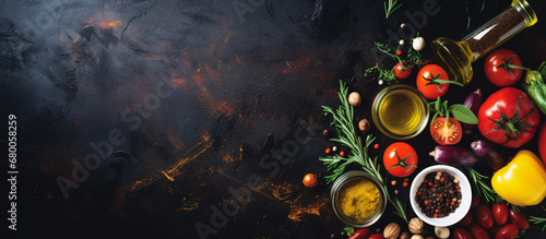 Vegetables, olive oil and spices for cooking on dark vintage background. Healthy food. Vegetarian eating. Top view. Dark rustic background layout with free text space. photo