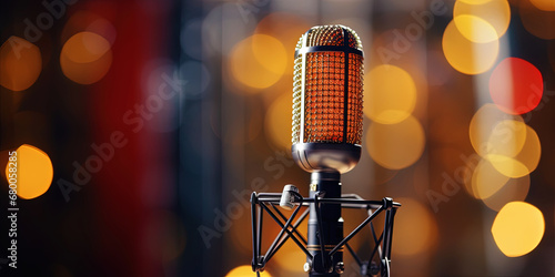 Closeup of professional microphone with dark bokeh light backdrop. Karaoke or concert concept. Generative AI