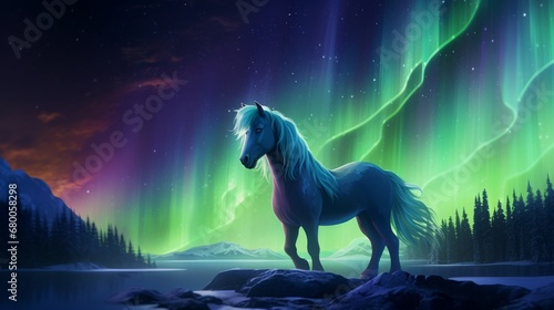 a mesmerizing spectacle where the amazing forest horse's mane shimmers with the colors of the aurora borealis. © Muzamil