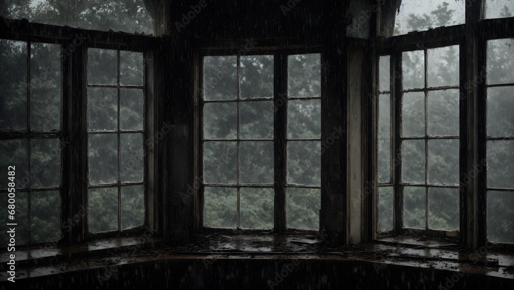 The heavy rain pounds against the windows of an old, abandoned mansion, the only sound in an otherwise silent and eerie landscape. The storm seems to have a life of its own. The heavy rain pounds against the windows of an old, abandoned mansion, the only sound in an otherwise silent and eerie landscape. The storm seems to have a life of its own.