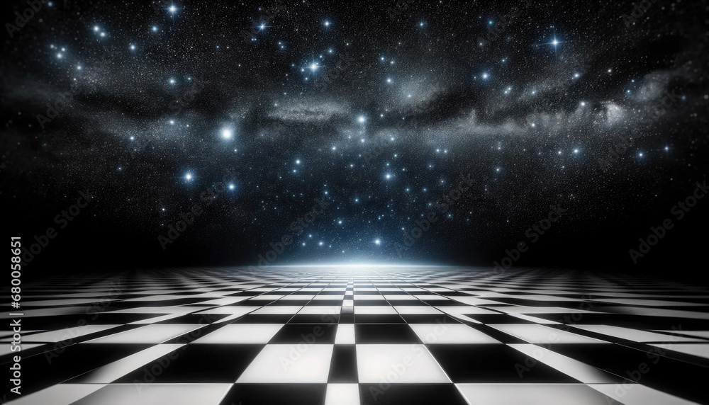 Cosmic Checkered Floor with Distant Starlight - obrazy, fototapety, plakaty 