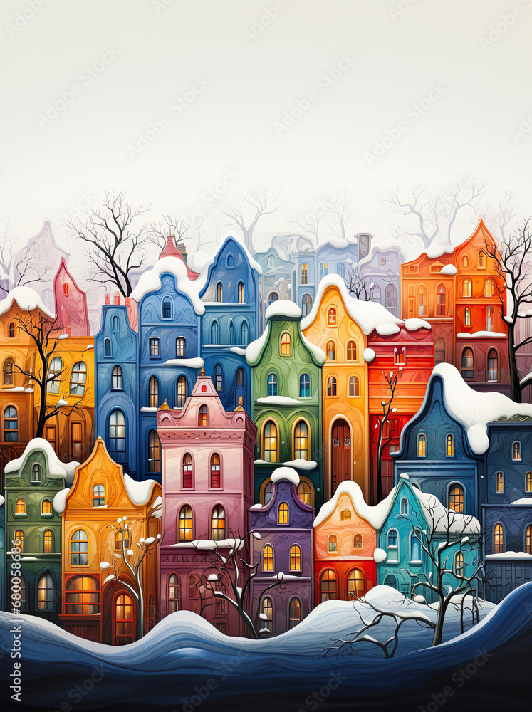 Whimsical winter town with colorful houses
