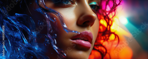 Beauty Portrait: Vivid Blue and Purple Luminous Makeup on a Young Woman