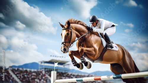 A rider confidently clears a challenging jump in the show jumping course. © Muzamil