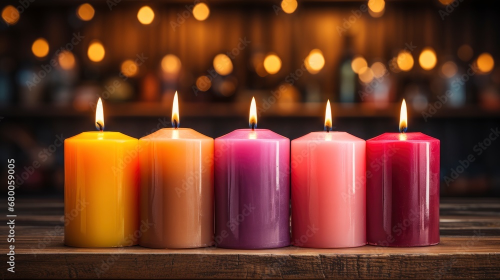 A Trio Of Colorful Taper Candles Casting Warm , Background For Banner, HD A Trio Of Colorful Taper Candles Casting Warm , Background For Banner, HD