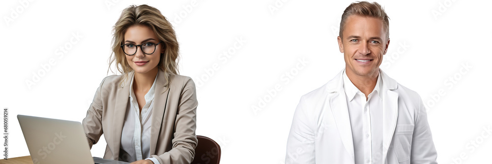 A woman and a man are a positive entrepreneur, and in the office, employees in a white shirt, a confident businessman is smiling and looking at the camera. Transparent background. A woman and a man are a positive entrepreneur, and in the office, employees in a white shirt, a confident businessman is smiling and looking at the camera. Transparent background.