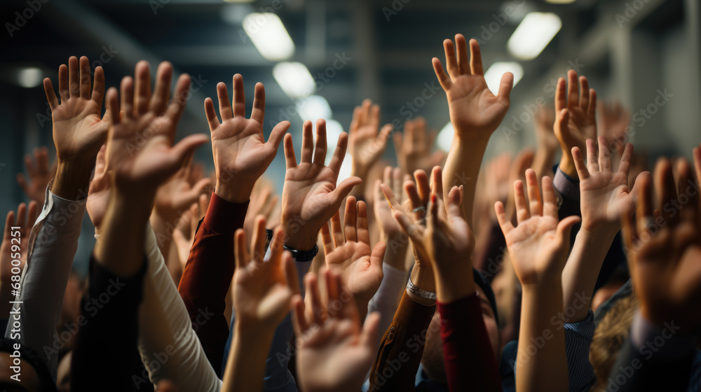 Every employee in the office raised their hands and stuck them in the air