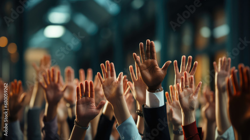 Every employee in the office raised their hands and stuck them in the air photo