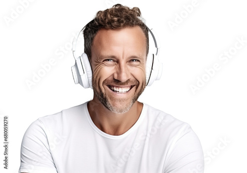A man smiles with headphones listening to a podcast, radio, news, playlist, audiobook in the player. Transparent background. photo