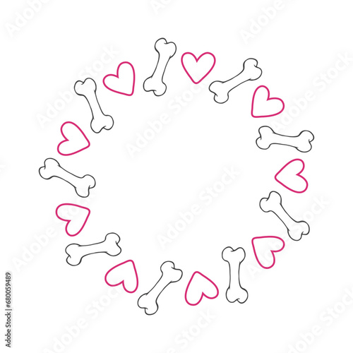 Logo lineal de comida para perros. Icono con marco circular de contorno de huesos para perro y corazones