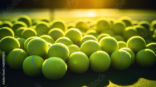 Closeup of a plenty of tennis balls on an empty tennis court, the sunshine. Sports lifestyle concept. Generative AI © AngrySun