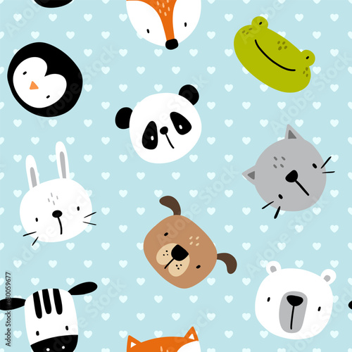 Cute hand drawn zebra, fox, dog, bear, kitten, bunny, panda, penguin, frog face on a polka dot blue heart shaped background. Kids seamless pattern for textile, fabric, for boy and girl.