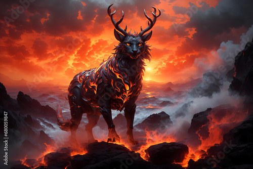  image of a fire burning deer standing on a rock