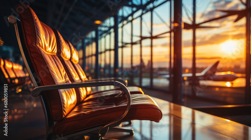 Empty chairs in the departure hall at airport with golden sunset rays. Travel, transportation concept. Generative AI