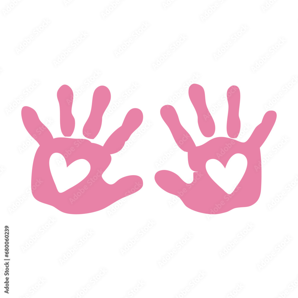 Anuncio de llegada de bebé niña. Palmas de niña. Silueta de huella de manos color rosa con corazón en espacio negativo para su uso en invitaciones y tarjetas Anuncio de llegada de bebé niña. Palmas de niña. Silueta de huella de manos color rosa con corazón en espacio negativo para su uso en invitaciones y tarjetas