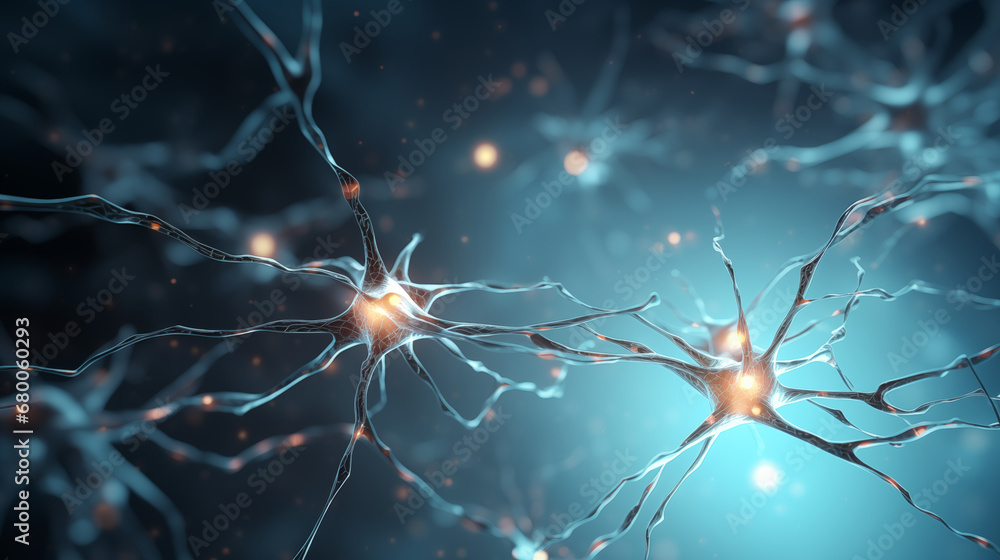 Neurons sending brain activity firing biology electrical nerve signal neurotransmitter chemical receptor cell dendrite neural medical surgery - obrazy, fototapety, plakaty 
