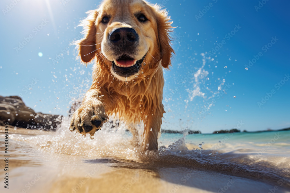 Cute Golden Retriever dog running on the beach happy, having fun in the water, looking into camera, splashing, enjoying summer holiday Cute Golden Retriever dog running on the beach happy, having fun in the water, looking into camera, splashing, enjoying summer holiday