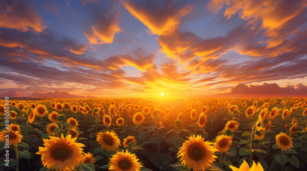 Sunflowers in the morning sunrise plantation