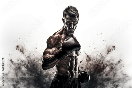  illustration of boxer with an aggressive look in boxing gloves on white background with splashes