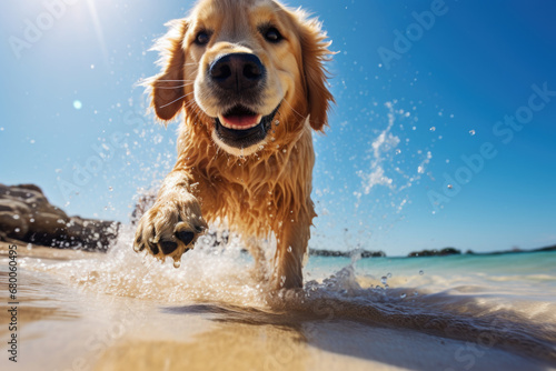 Cute Golden Retriever dog running on the beach happy, having fun in the water, looking into camera, splashing, enjoying summer holiday