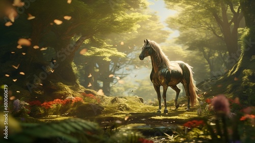 a scene where the amazing forest horse is surrounded by playful, woodland creatures in a shimmering meadow.