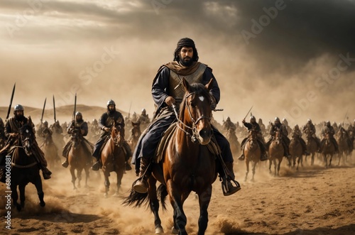 Photo A Muslim commander on horseback, brandishing a raised sword, leads a cavalry cha