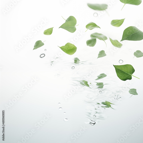 green leaves dropping and floating in transparent water