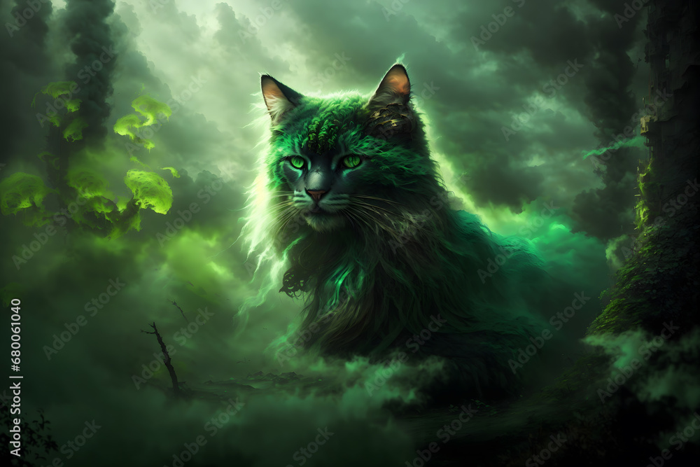 green cat in the forest, in the style of dark fantasy creatures