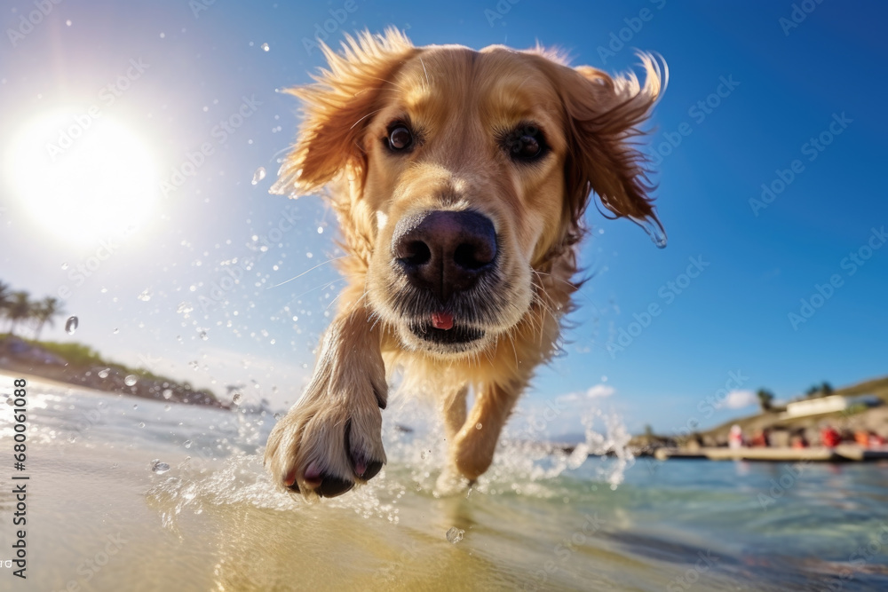 Cute Golden Retriever dog running on the beach happy, having fun in the water, looking into camera, splashing, enjoying summer holiday