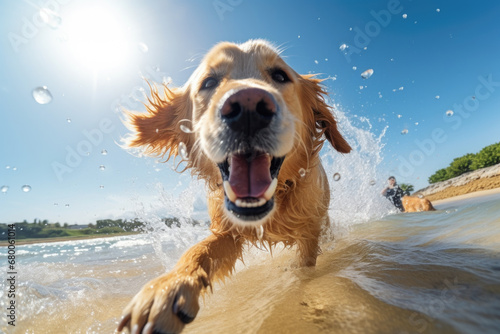 Cute Golden Retriever dog running on the beach happy, having fun in the water, looking into camera, splashing, enjoying summer holiday