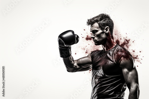 silhouette of boxer in boxing gloves on isolated white background with red splashes. sport banner