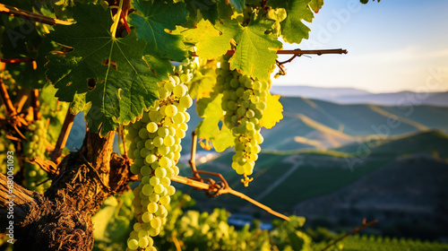 A large bunch of ripe green grapes on the vine  with blurred mountains on background. Generative AI