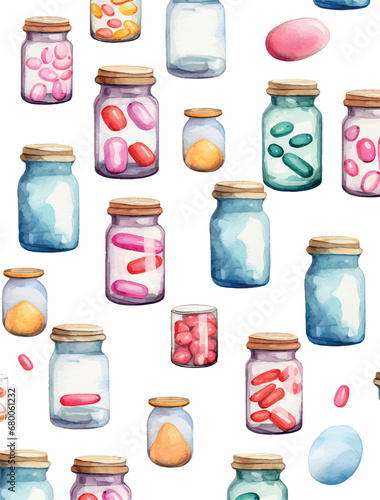 pattern of medicine jars and scattered pills, white background, watercolor Illustration