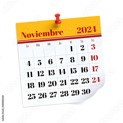 November Calendar 2024 in Spanish Language. Isolated on White Background. 3D Illustration