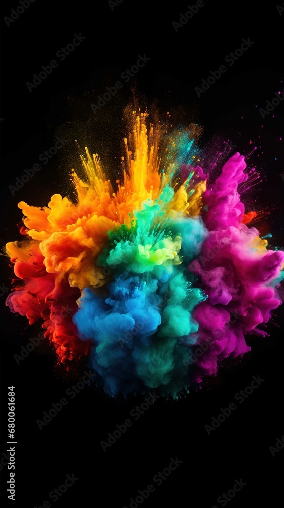 Colorful rainbow holi paint color powder explosion isolated black wide panorama background