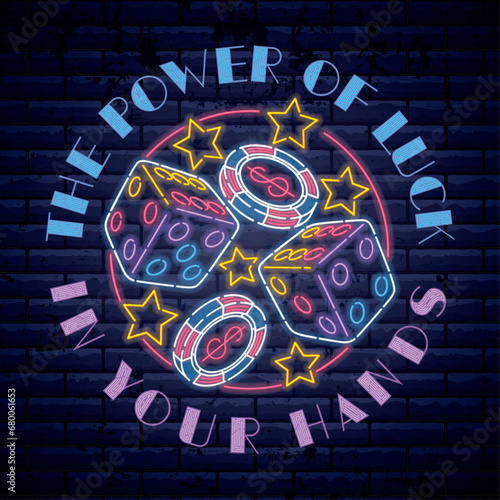 The power of luck in your hands poster design with neon illustration photo