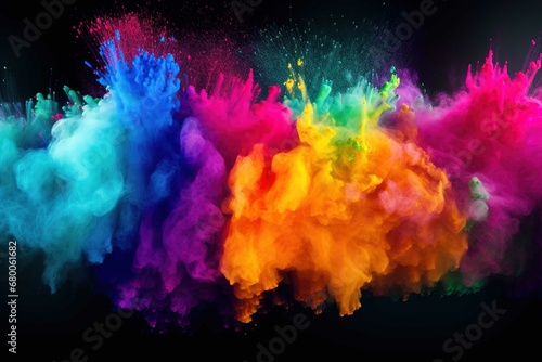 Colorful rainbow paint color powder explosion isolated black background