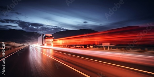 Nighttime Truck Motion Blur and Light Trails on Road. Generative ai