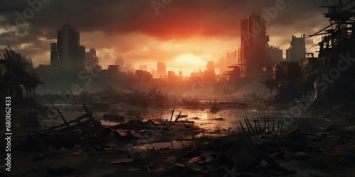 Ruins of Tomorrow: A Post-Apocalyptic City in Desolation. Generative ai