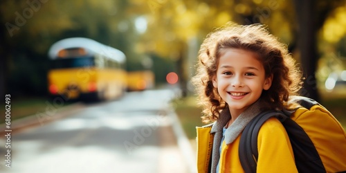 Happy Elementary Student Girl Preparing to Board School Bus. Generative ai photo