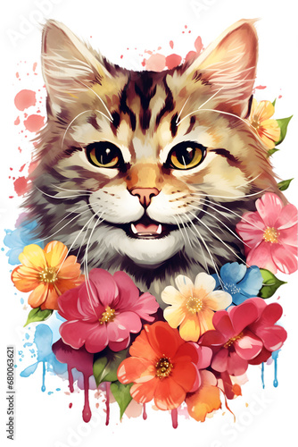 Watercolor illustration of a cat with flowers. T-Shirt design. Creative graphics design. 